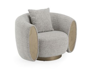 Glimpse - Modern White & Brown Fabric + Antique Brass Swivel Accent Chair
