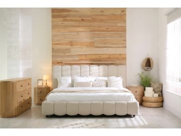 Harris + Jacobson - Modern Off-White Fabric + Natural Oak 4-Piece Bedroom Set