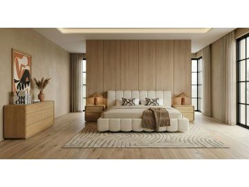 Harris + Dustin - Modern Off-White Fabric + Natural Oak 4-Piece Bedroom Set