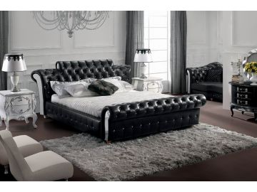 Retro Contemporary Black Tufted Leatherette Bed