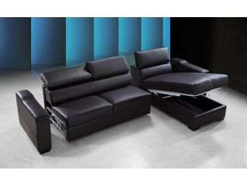 Flip Reversible Espresso Leather Sectional Sofa Bed w/ Storage