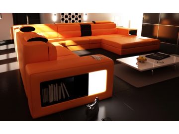 Polaris - Contemporary Orange Leather U Shaped Sectional Sofa with Lights