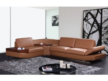 KN8464 Contemporary Brown Leather Sectional Sofa with Audio Center
