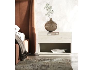 Roma + Lago - Modern Burnt Orange Velvet + Faux Travertine Bed + Nightstands Set