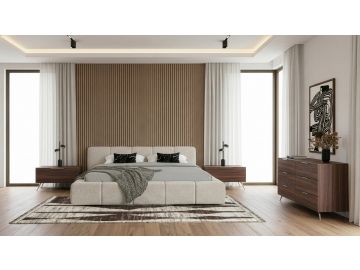 Lamont + Brooklyn - Modern Beige Fabric + Walnut 4-Piece Bedroom Set