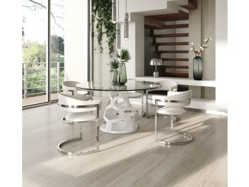 Lilly - Modern 12mm Round Glass + White Dining Table