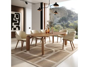 Michael - Mid-Century Modern Beige Vegan Leather + Walnut Dining Chair