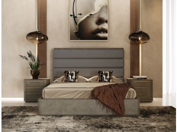 Lois - Modern Grey Leather & Beige Shagreen High Headboard Bed