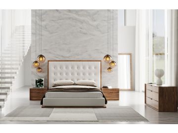 Amberlie - Modern White Vegan Leather + Walnut 4-Piece Bedroom Set