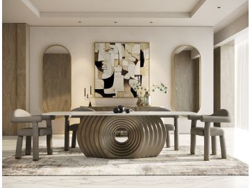 Moorgate - Modern Travertine Ceramic + Bronze Dining Table