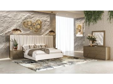 Nixa - Modern Beige Velvet + Brushed Bronze + Birch Bedroom Set