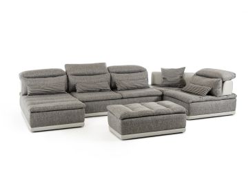 Panorama Italian Modern Grey Fabric & Grey Leather Sectional Sofa