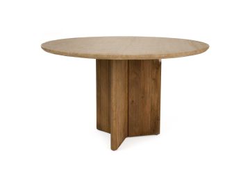 Pawnee - Modern Travertine Marble + Wood Round Dining Table