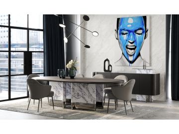 Renfew - Modern Black Oak + Faux Marble Oval Dining Table