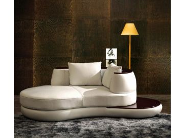 Rodus - Rounded Leather Chaise With Wood Trim