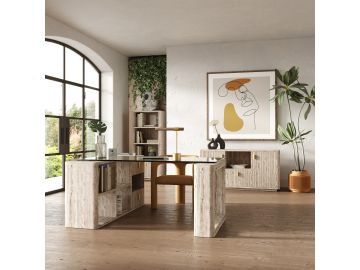 Roma - Modern Glass + Faux Travertine Reversible Desk