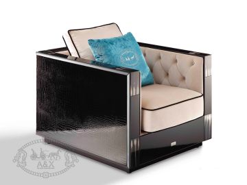 Bellagio Transitional Black Crocodile and Beige Fabric Lounge Chair