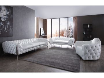 Catania Transitional White Leatherette & Stainless Steel Sofa Set