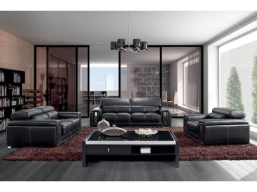 2992 Modern Black Leather Sofa Set w/ Headrests