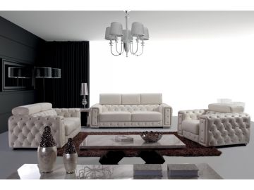 Lumy - Modern Tufted White Leather Sofa Set with Crystals