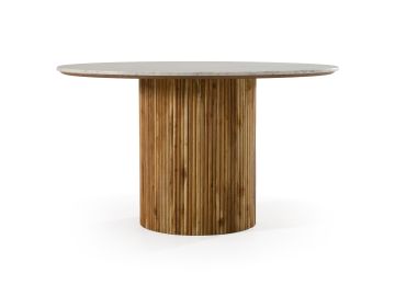 Shirley - Modern White Marble + Natural Acacia Round Dining Table