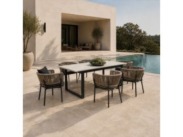 Suntide - Outdoor Grey Fabric + Grey Acacia + Beige Rattan Dining Set