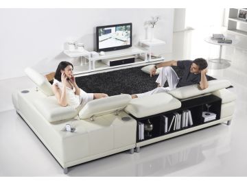 T290 Modern Leather Sectional Sofa with iPhone Dock, Speakers, and Bookcase