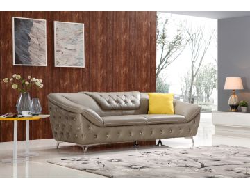 T762 Modern Taupe Tufted Leather Sofa Set w/ Crystals