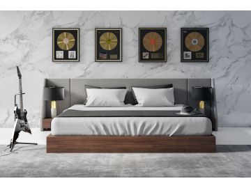 Janice - Modern Grey Fabric and Walnut Bed and Nightstands