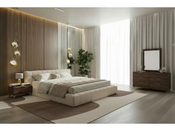 Tyree + Brooklyn - Modern Off-White Fabric + Walnut 4-Piece Bedroom Set