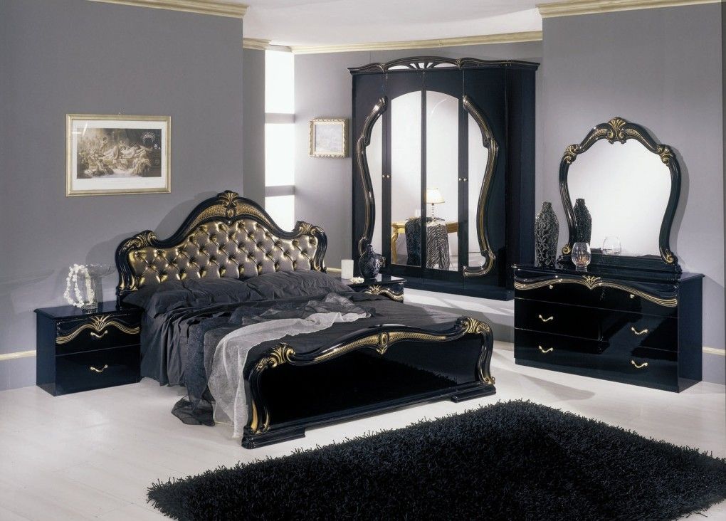 Judy Italian Classic Black Bedroom Set, Black And Gold Nightstand Dresser Set