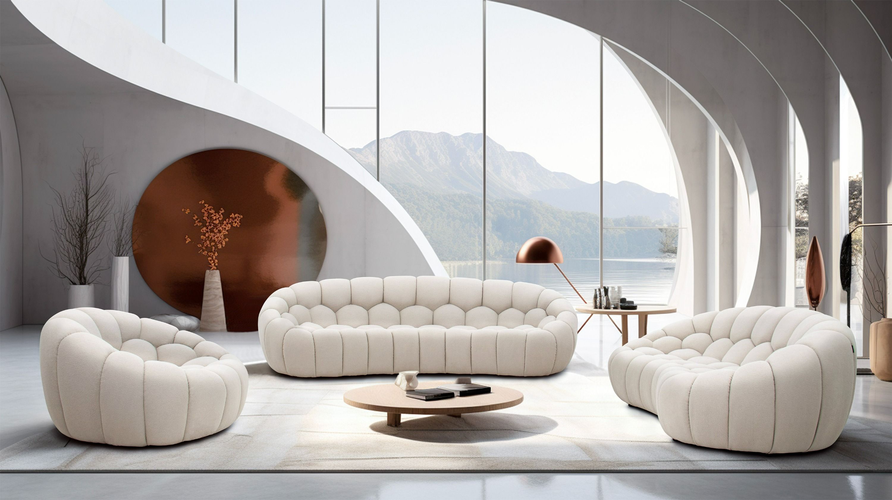 Modern Curved Beige Fabric Sofa Set