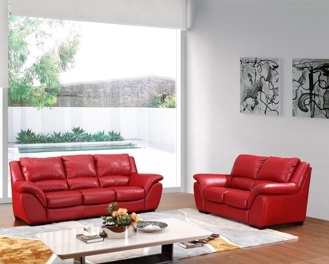 210 Modern Red Italian Leather Sofa Set
