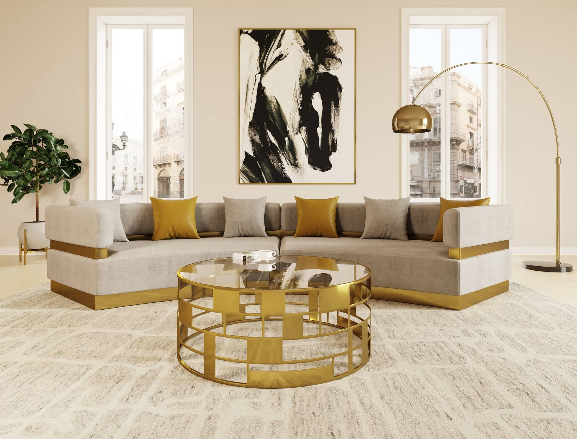 klokke pakke Theseus Divani Casa Kiva - Glam Beige + Gold Fabric Curved Sectional Sofa