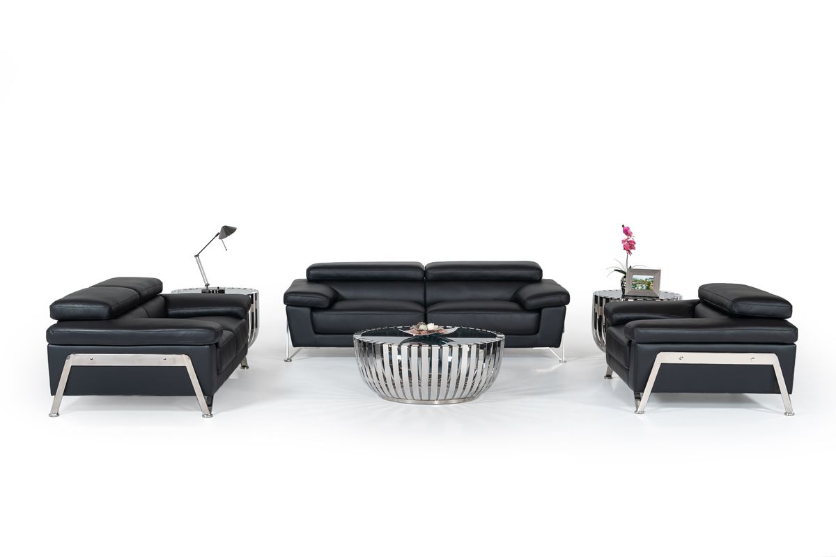 Encore Modern Black Leather Sofa Set
