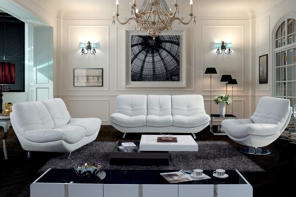 9034 Modern White Rounded Leather Sofa Set