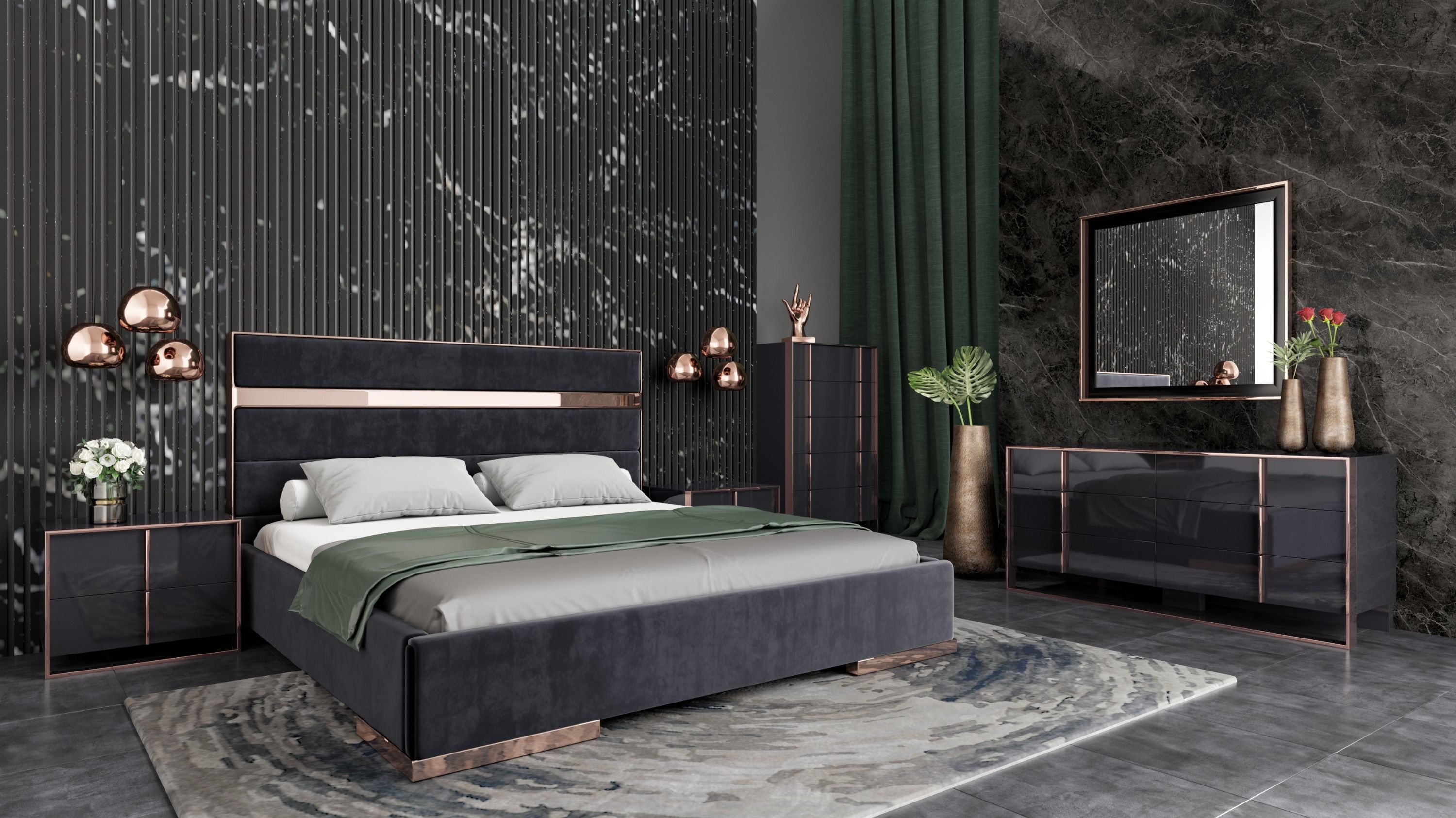 Cartier Modern Black \u0026 Rosegold Bedroom Set, image size:3000x1686