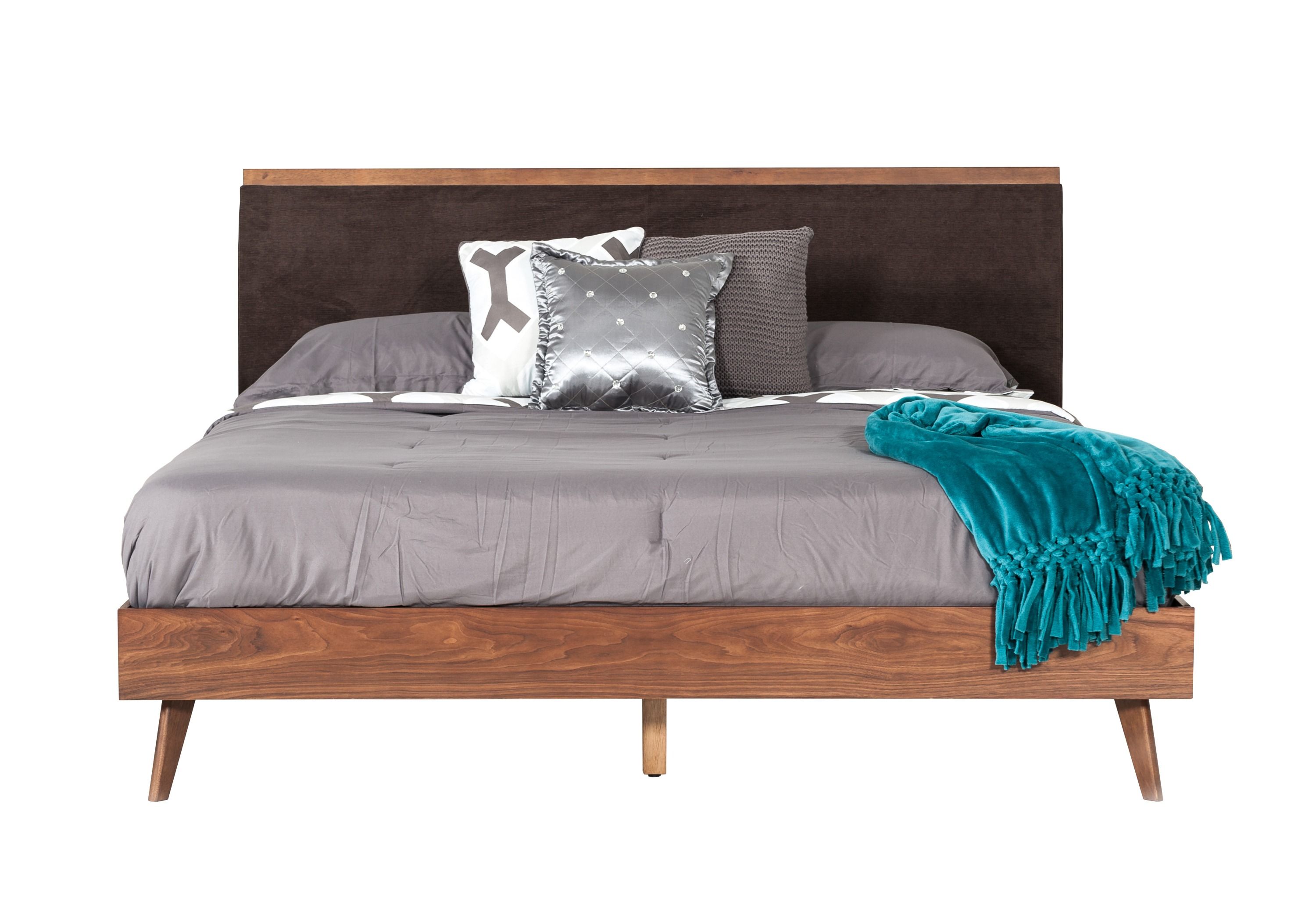 Marshall Mid-Century Modern Brown Fabric \u0026 Walnut Bed, image size:3000x2100