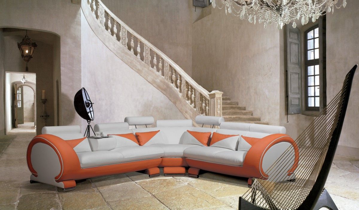 7392 Modern Orange And White Leather Sectional Sofa