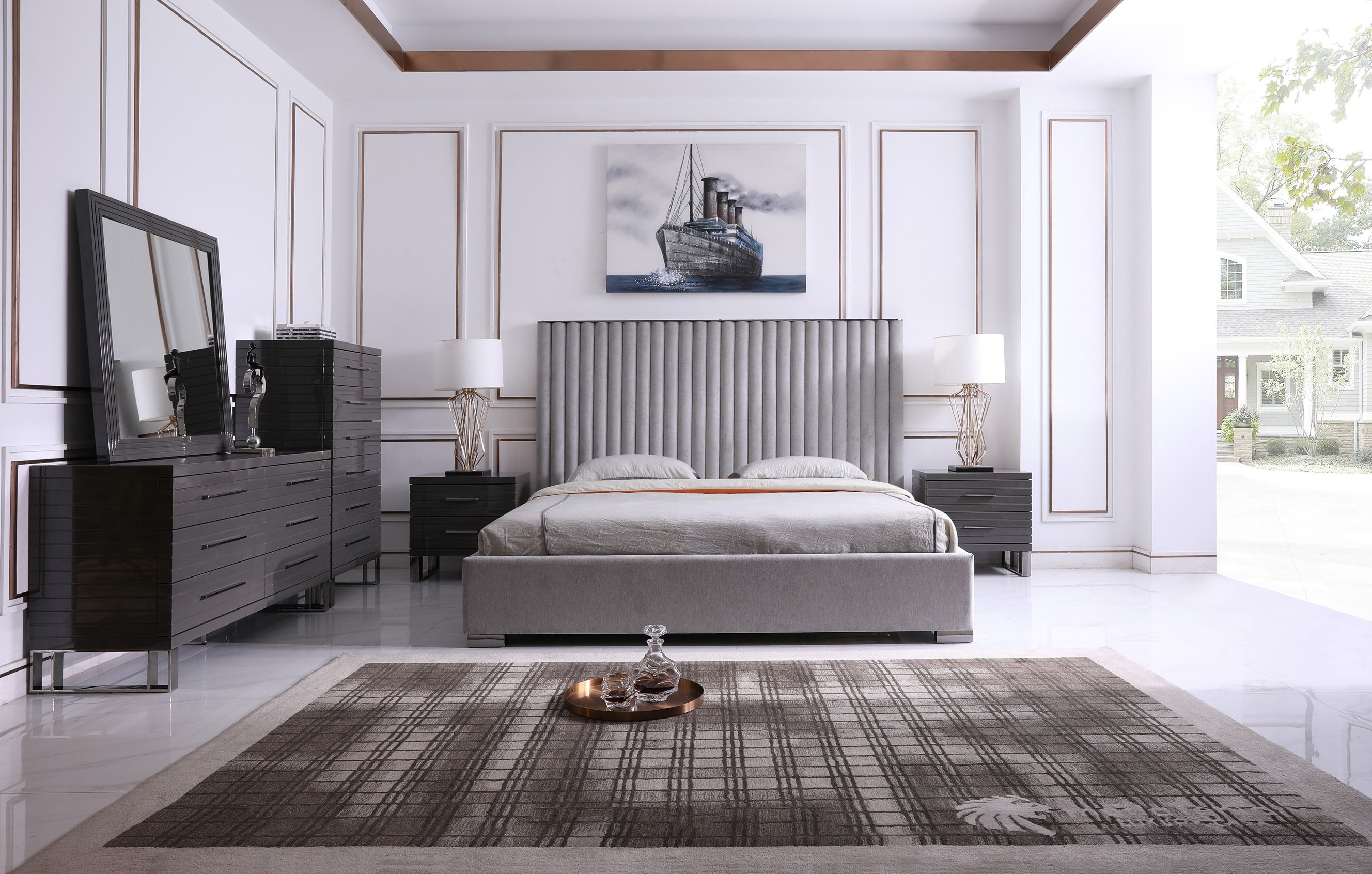 Splendor - Silver & Grey Velvet Upholstered Platform Bed Set