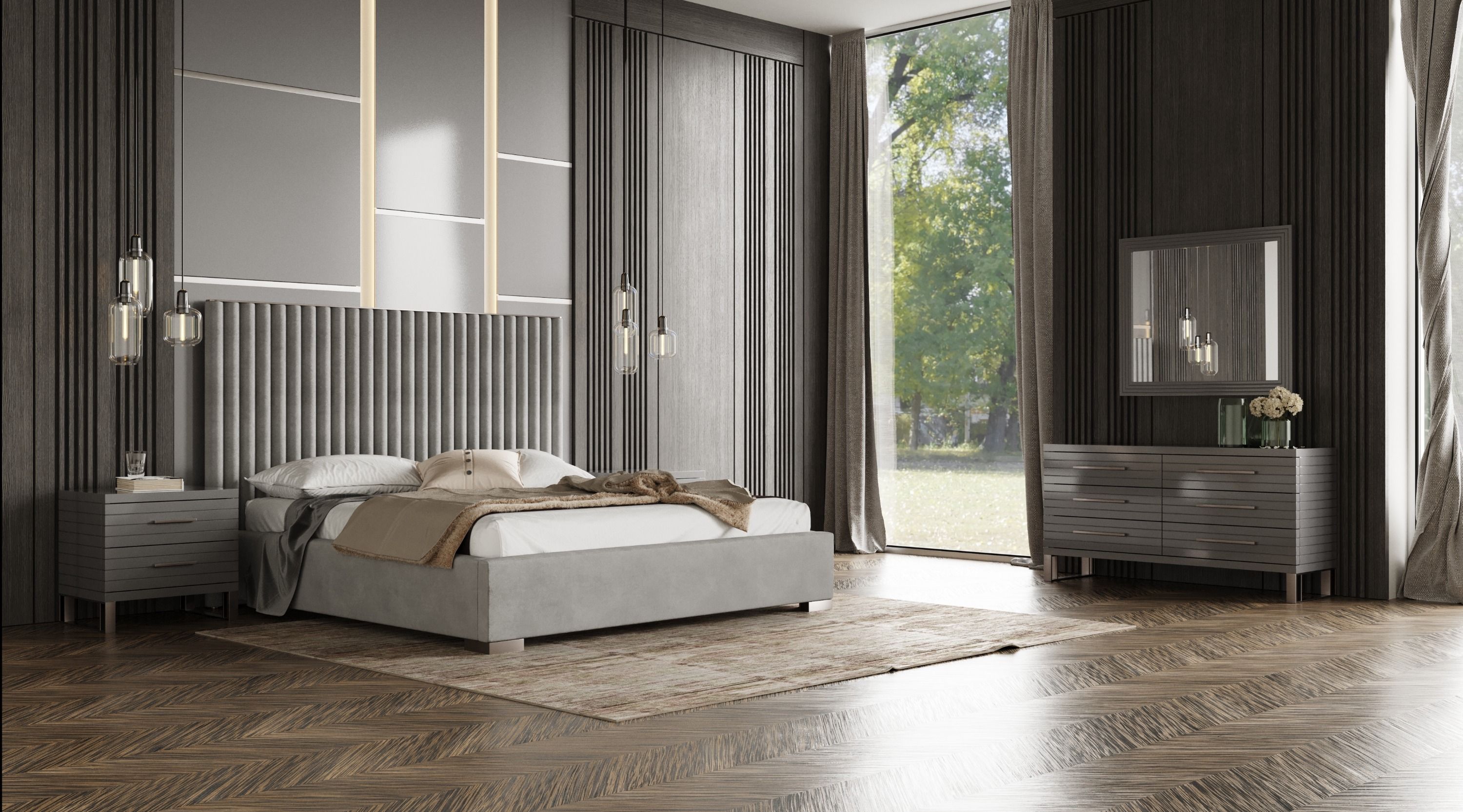 Splendor - Silver & Grey Velvet Upholstered Platform Bed Set - Thumbnail 2