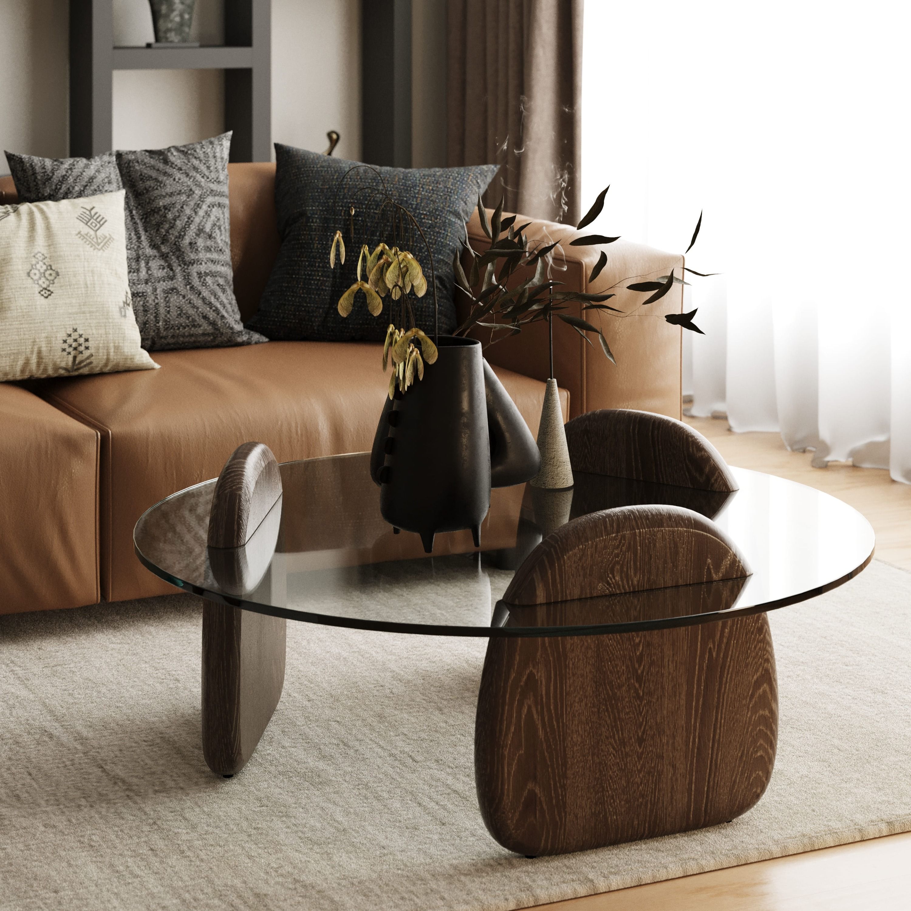 Modrest Buxton - Mid-Century Modern Glass + Dark Walnut Coffee Table