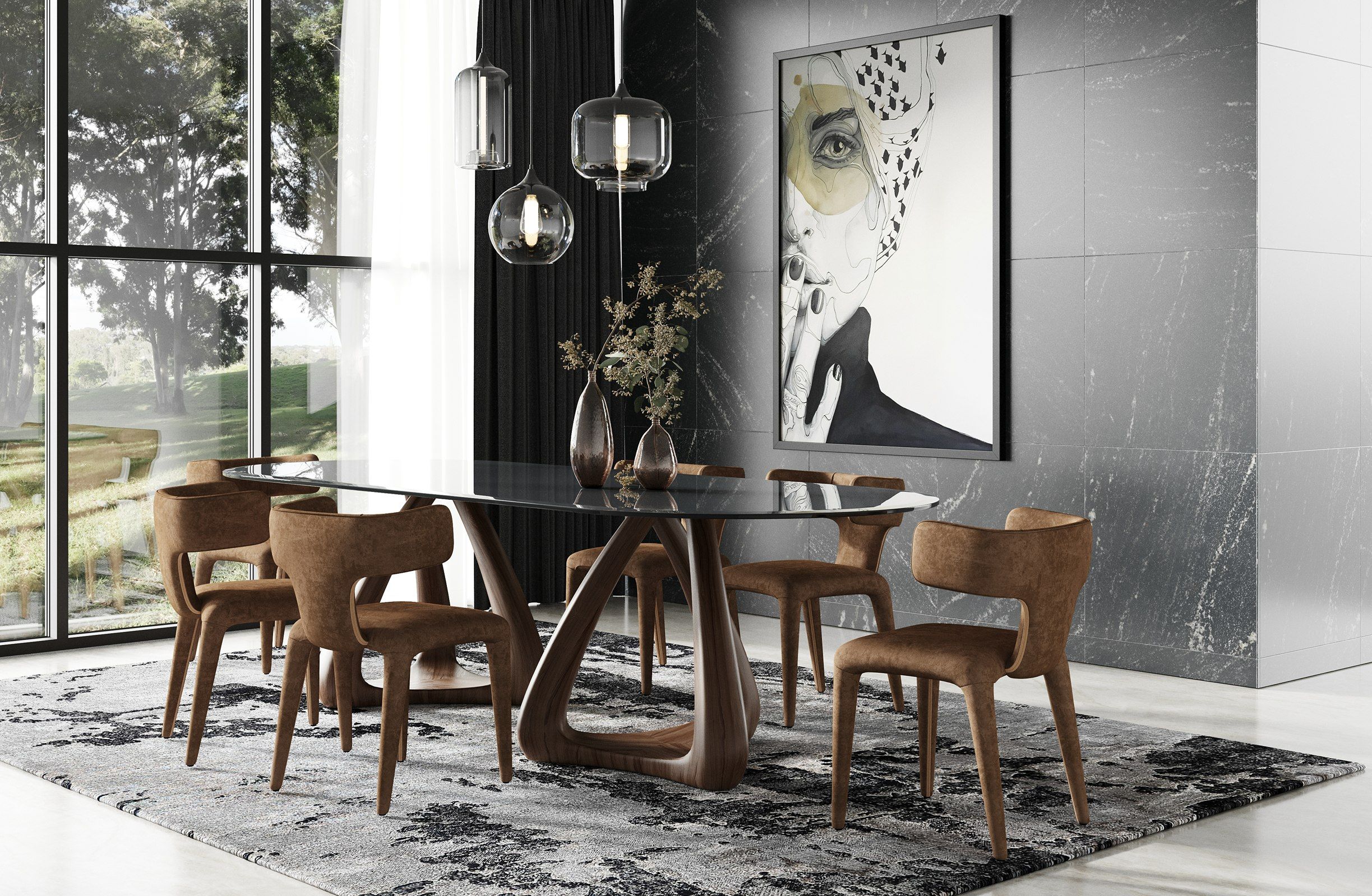 Modrest Christine - Mid-Century Modern Grey Glass + Walnut Oval