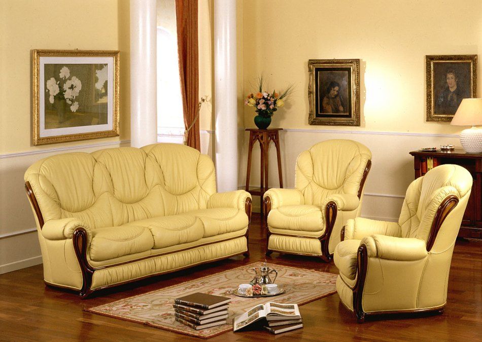 Daniela Full Leather Classic Sofa Set Made In Italy