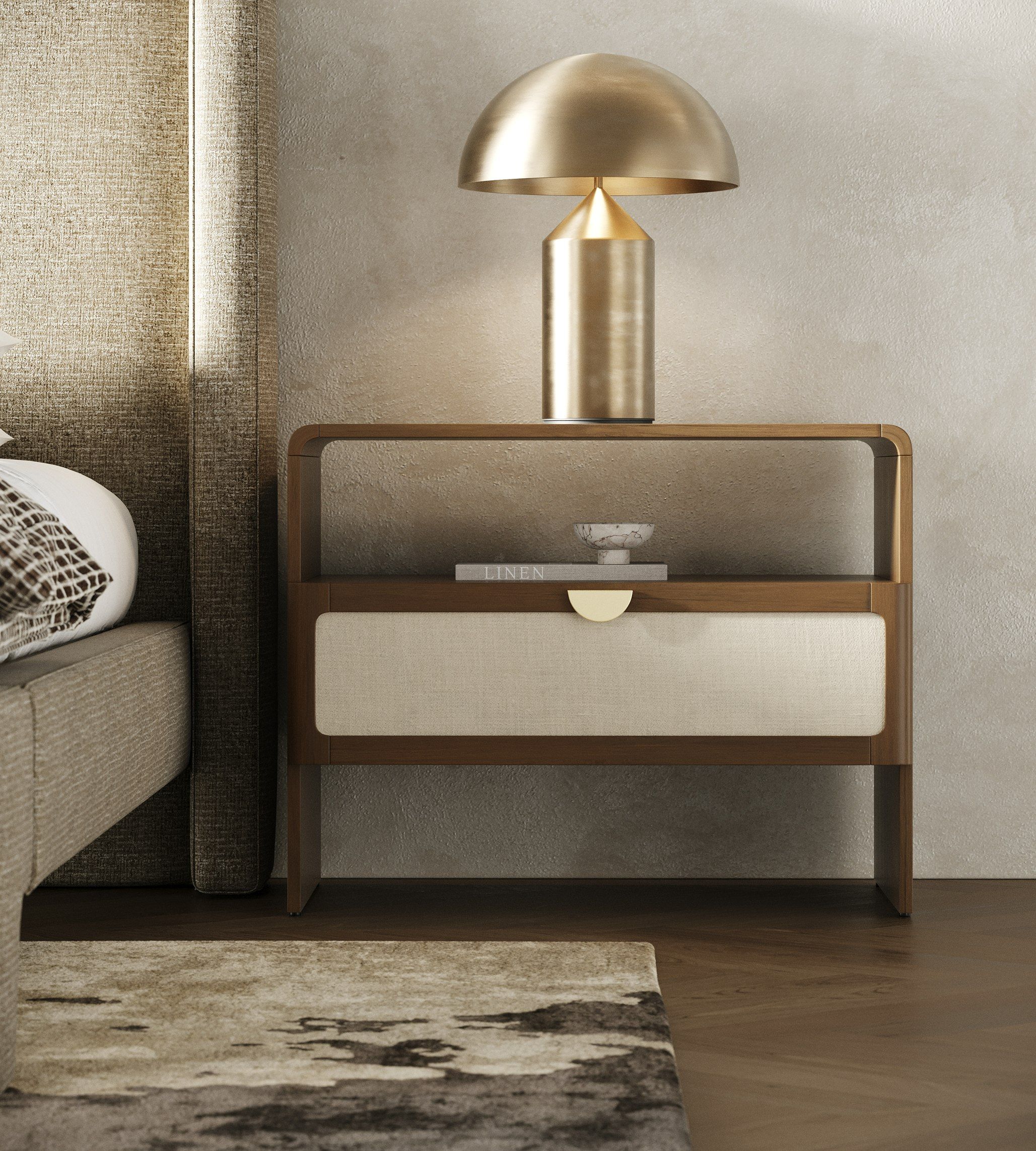 ノーバイト ギルダブル 美品 ローカル ボッコム ニンナ アブディール チェスト Modrest Emilio - Modern Natural Burlap + Walnut Nightstand