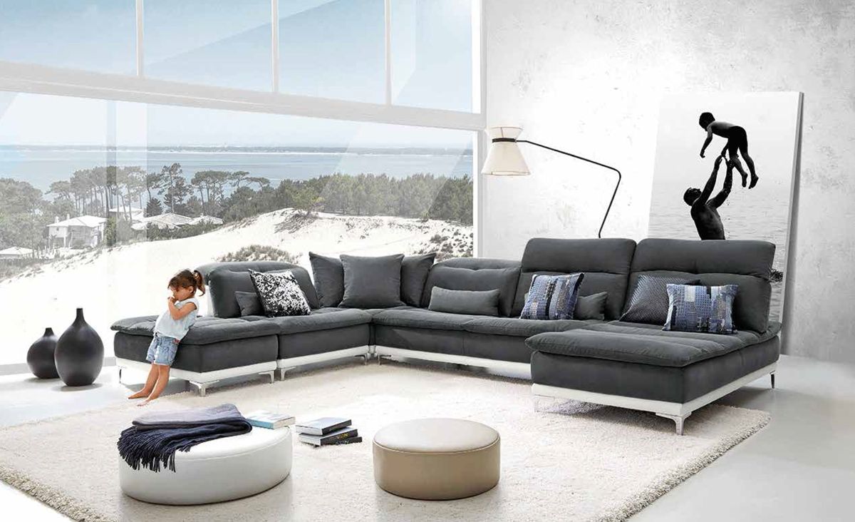 Horizon Modern Grey Fabric White Leather U Shaped Sectional