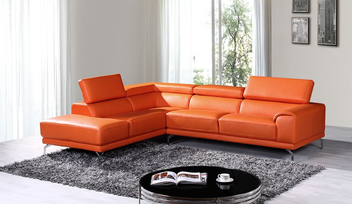 Wisteria Modern Orange Leather Sectional Sofa w/ Left Facing Chaise, image size:1200x698