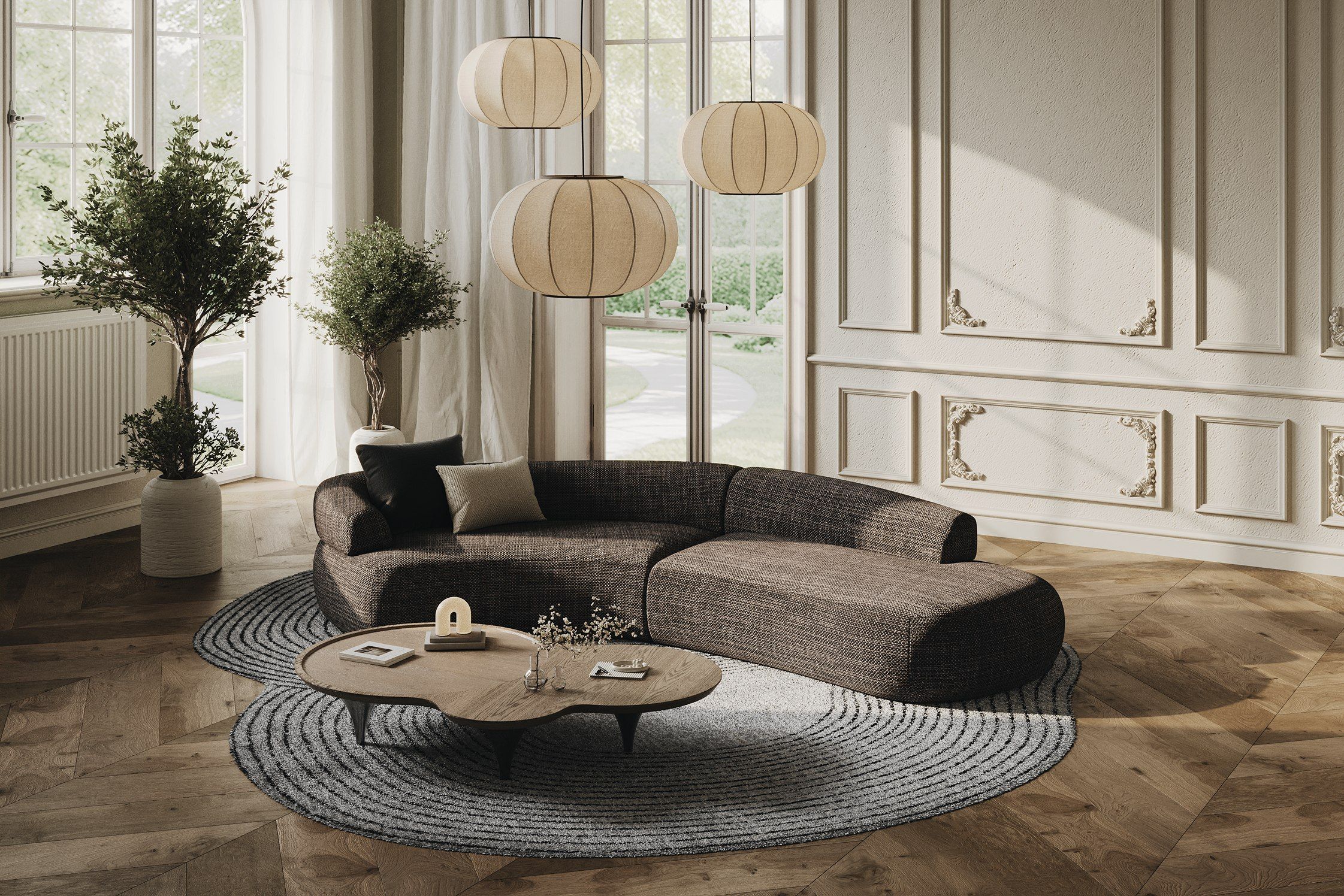 Divani Casa Lakota - Modern Dark Grey Fabric Curved Sectional Sofa