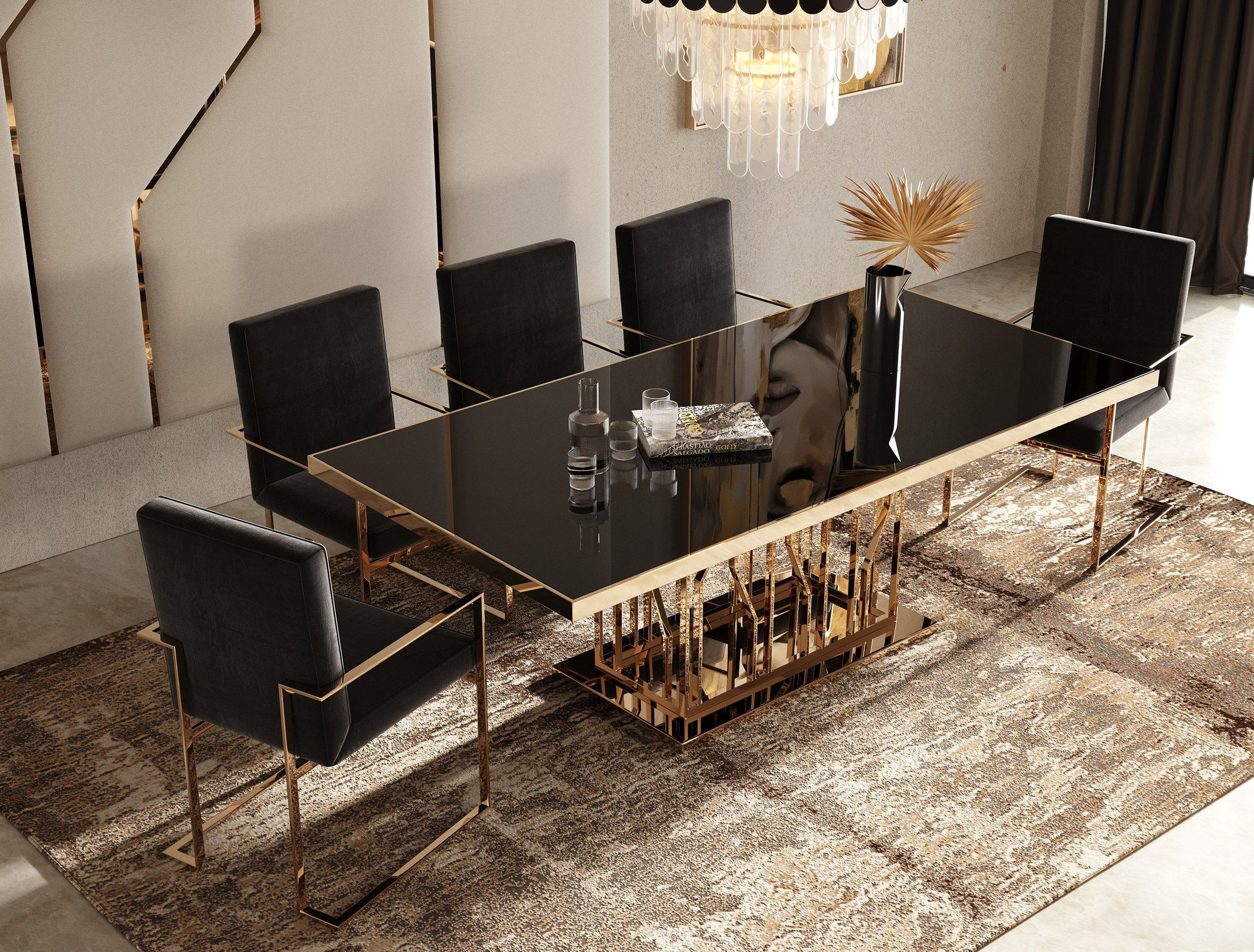 Marston Modern Black Glass Rosegold Dining Table