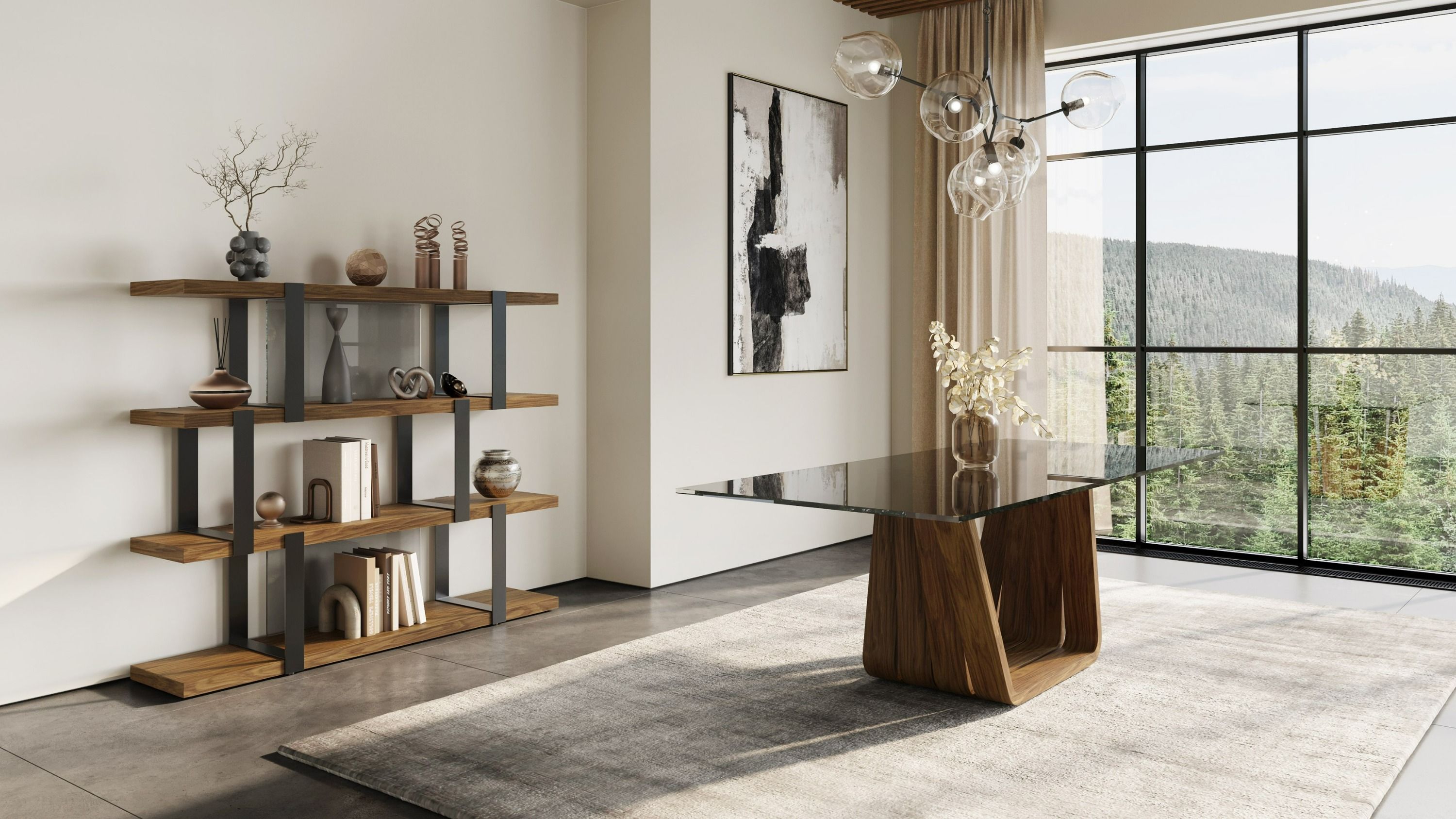 Modrest Solvang Contemporary Grey Glass Walnut Rectangular